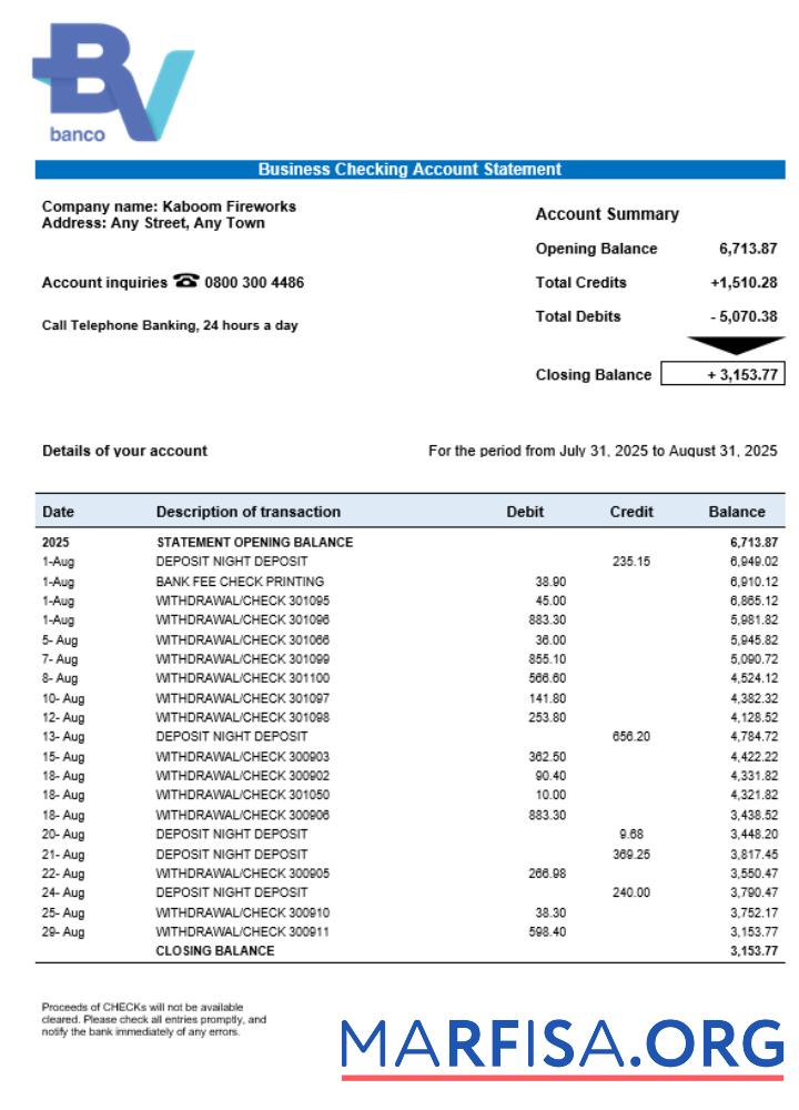 Realistic Banco Votorantim enterprise account statement Word and PDF template